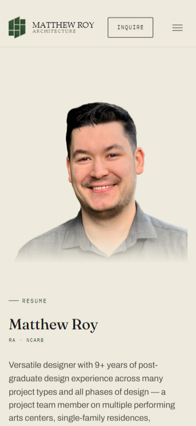 Matthew Roy Architecture Mockup About Page